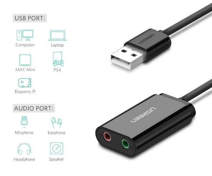 Išorinė USB garso plokštė UGREEN 15cm (juoda)