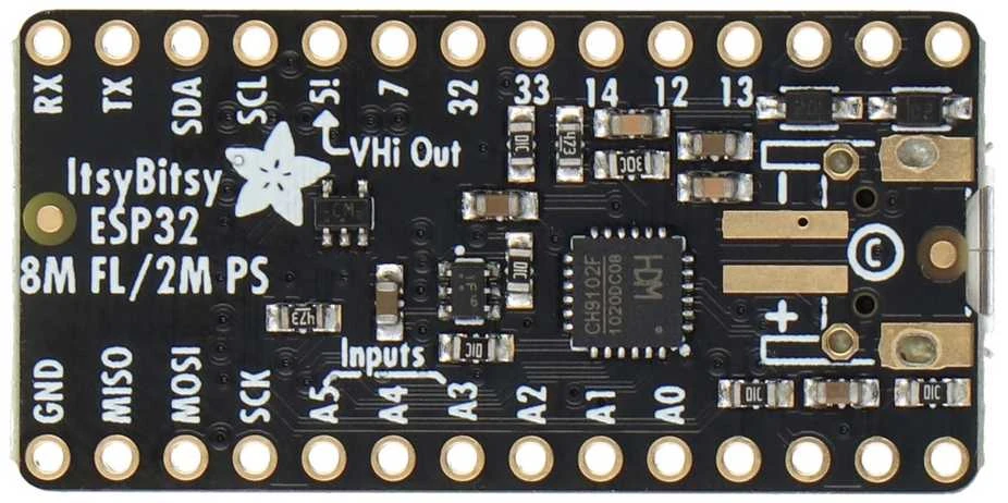 ItsyBitsy ESP32 plokštė – viršutinis komponentų vaizdas