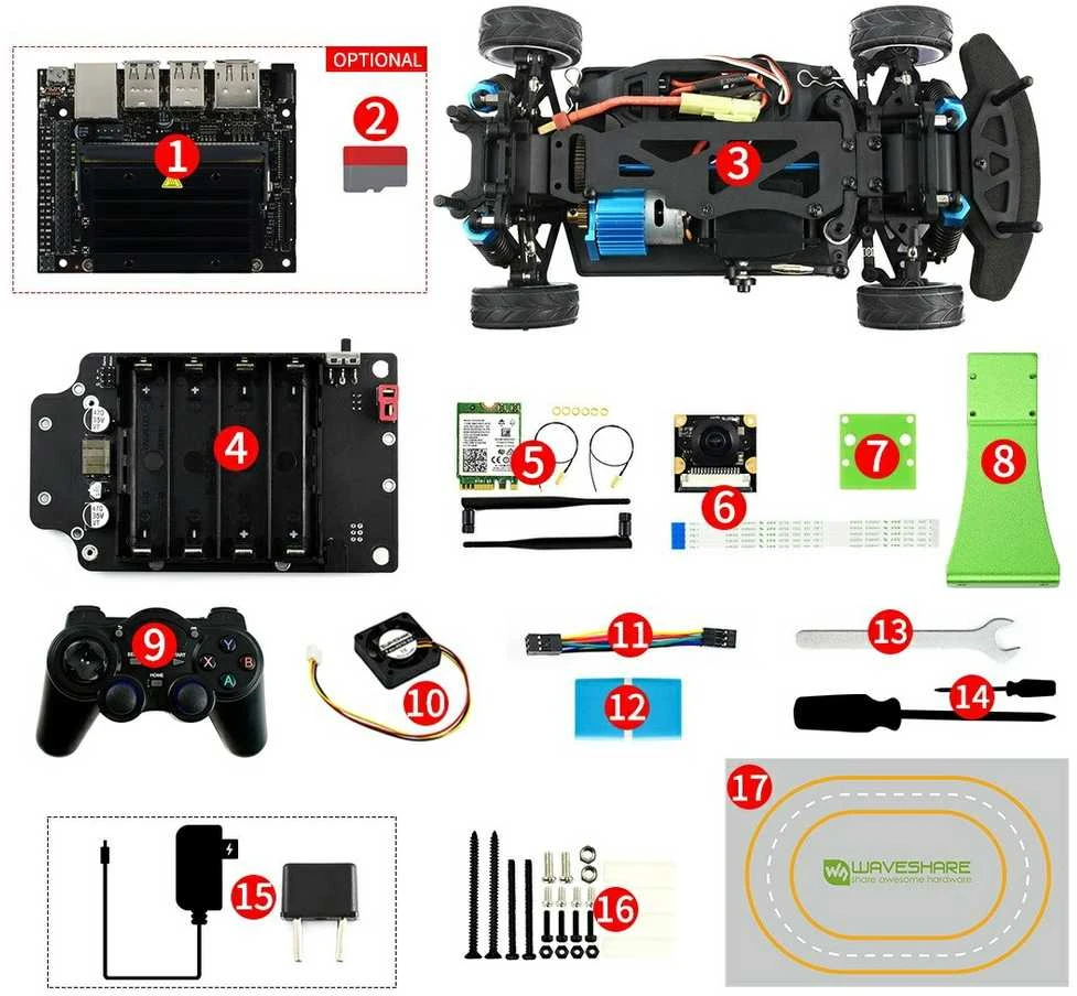 JetRacer Pro Al – keturių ratų roboto platforma su kamera, nuolatinės srovės pavara, OLED ekranu Nvidia Jetson Nano Pro – Waveshare 18432
