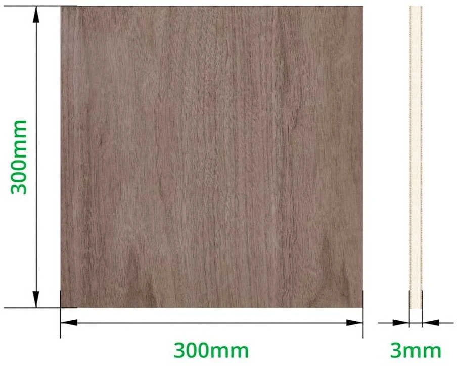 Juodojo riešutmedžio faneros lakštas 300x300x3mm su schemos išmatavimais