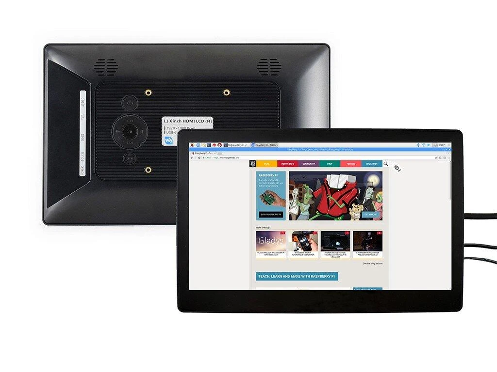 Jutiklinis ekranas (H), talpinis LCD IPS 11.6 1920x1080px HDMI + USB, skirtas Raspberry Pi 4B / 3B+ / 3B / 2B / Zero, Waveshare 15599