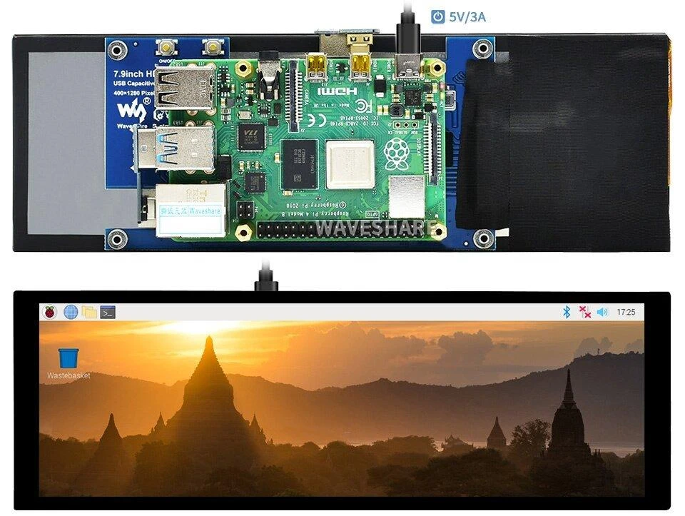 Jutiklinis ekranas, talpinis LCD IPS 7.9" 400x1280px HDMI + USB, skirtas Raspberry Pi, Waveshare 17916