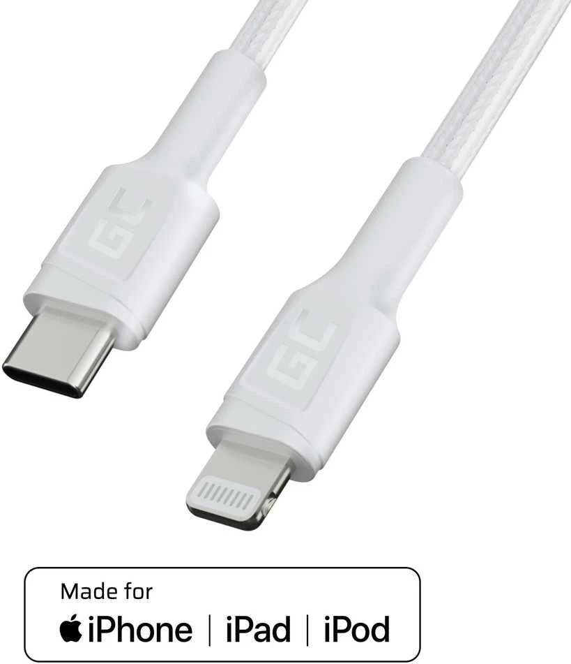 Green Cell Žalias Cell Kabelis Baltas USB-C – Lightning MFi 1m per Apple iPhone Žalias Cell PowerStream, su greitu Power Delivery įkrovimu