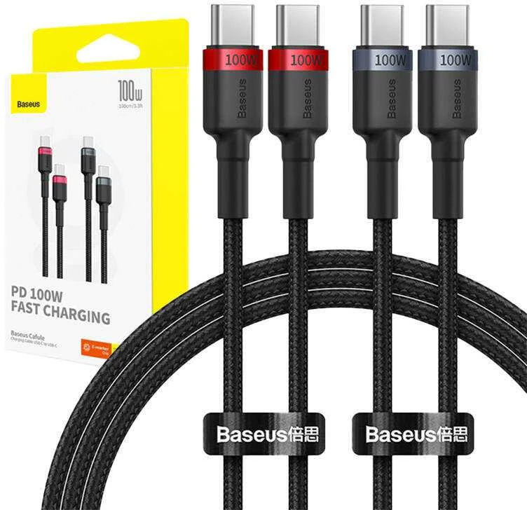 Kabelis Baseus Cafule USB-C į USB-C 100W, 1m, 2 vnt (raudona juoda, pilka juoda)