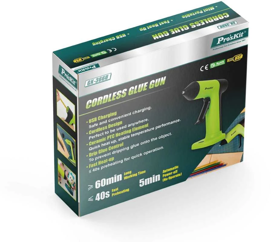 Karštų klijų pistoletas akumuliatorinis 2000mAh 15W Ø7mm lazdelėms GK-366U Pro'sKit