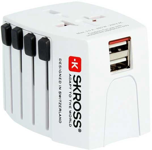 Kelioninis tinklo adapteris 230V 2.5A, 2x USB MUV kištukai AU/CN/UK/US/IT - lizdai EU/AU/UK/US (be įžeminimo) SKROSS