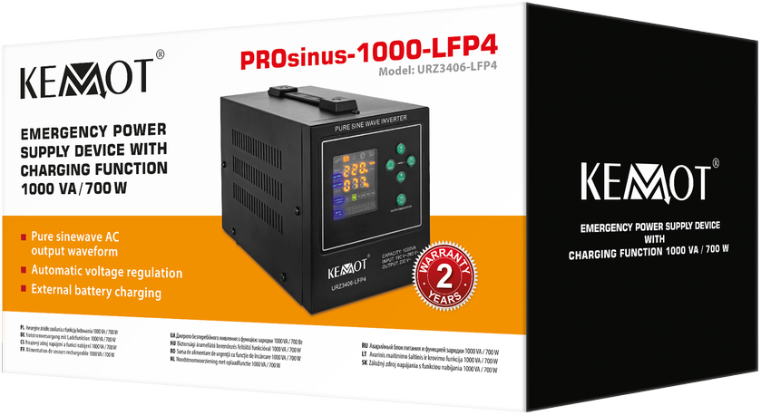 KEMOT PROsinus-1000-LFP4 avarinio maitinimo keitiklis su gryna sinusine banga ir įkrovimo funkcija 12V 230V 1000VA/700W
