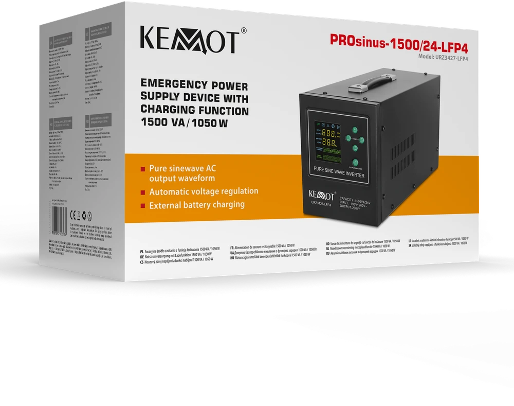 KEMOT PROsinus-1500/24-LFP4 avarinio maitinimo šaltinis, grynos sinusinės bangos keitiklis su įkrovimo funkcija 24V 230V 1500VA/1050W
