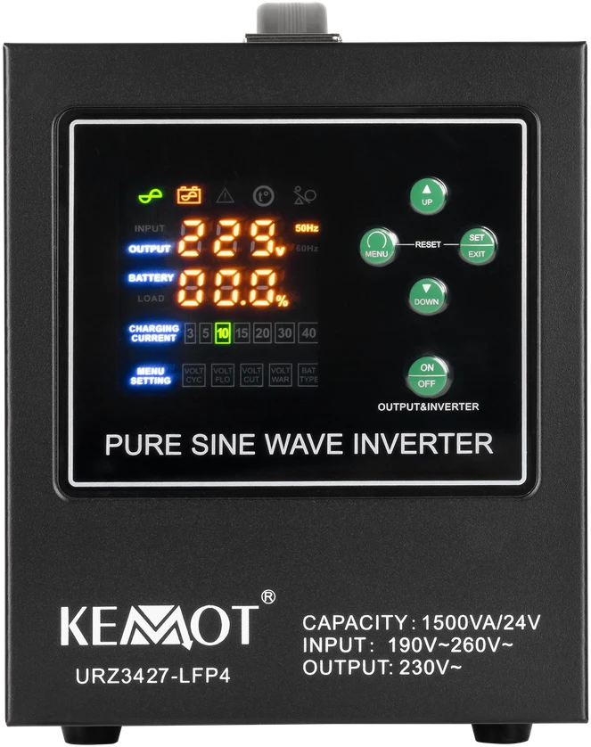 KEMOT PROsinus-1500/24-LFP4 avarinio maitinimo šaltinis, grynos sinusinės bangos keitiklis su įkrovimo funkcija 24V 230V 1500VA/1050W