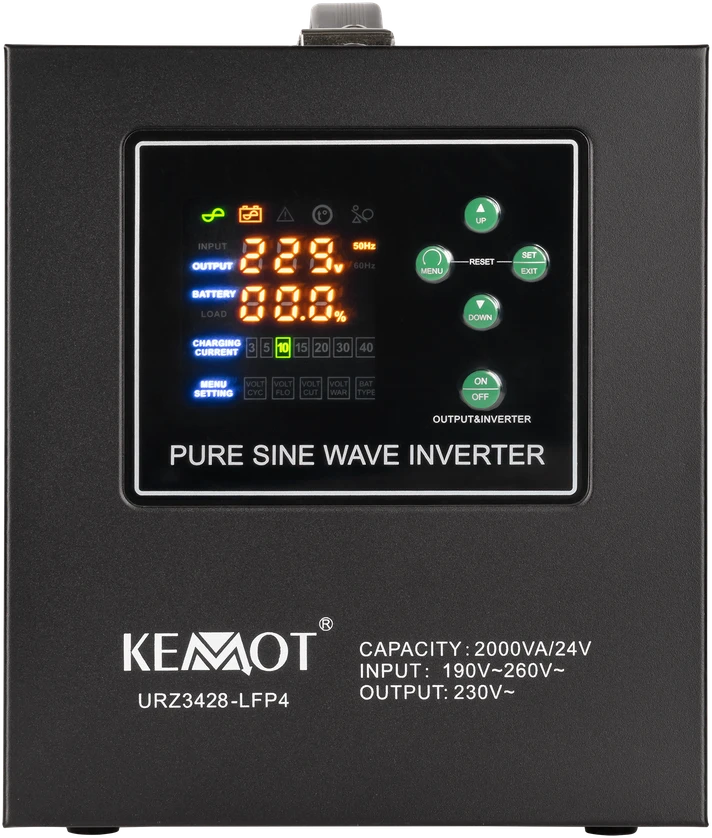 KEMOT PROsinus-2000/24-LFP4 avarinio maitinimo keitiklis su gryna sinusine banga ir įkrovimo funkcija 24V 230V 2000VA/1400W