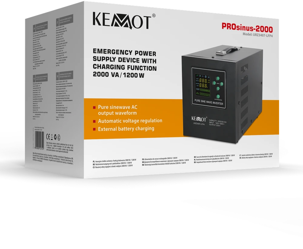 KEMOT PROsinus-2000 avarinis maitinimo šaltinis, grynos sinusinės bangos keitiklis su įkrovimo funkcija 12V 230V 2000VA/1200W