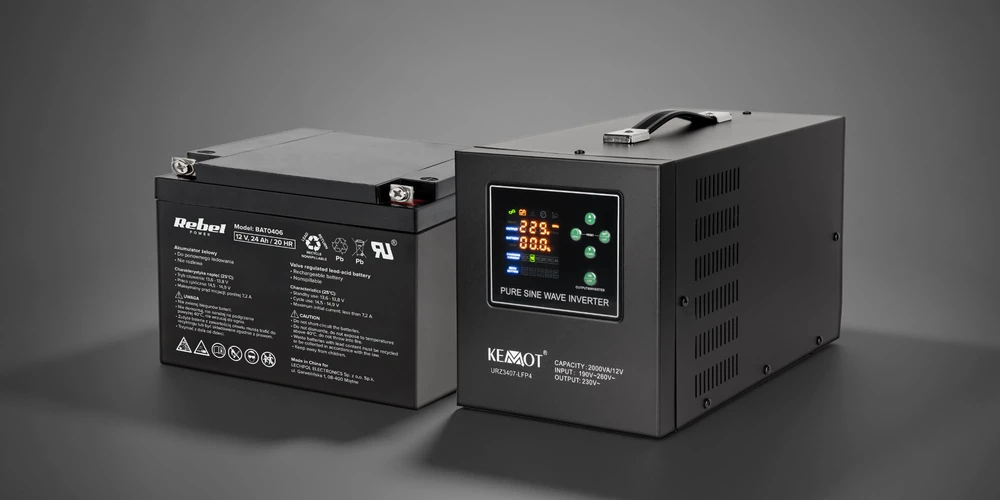 KEMOT PROsinus-2000 avarinis maitinimo šaltinis, grynos sinusinės bangos keitiklis su įkrovimo funkcija 12V 230V 2000VA/1200W