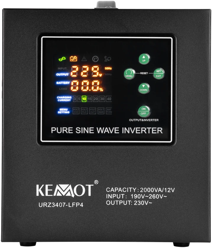 KEMOT PROsinus-2000 avarinis maitinimo šaltinis, grynos sinusinės bangos keitiklis su įkrovimo funkcija 12V 230V 2000VA/1200W
