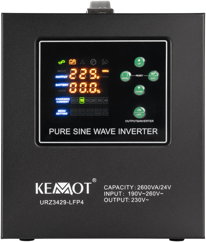 KEMOT PROsinus-2600/24-LFP4 avarinio maitinimo šaltinis, grynos sinusinės bangos keitiklis su įkrovimo funkcija 24V 230V 2600VA/1800W