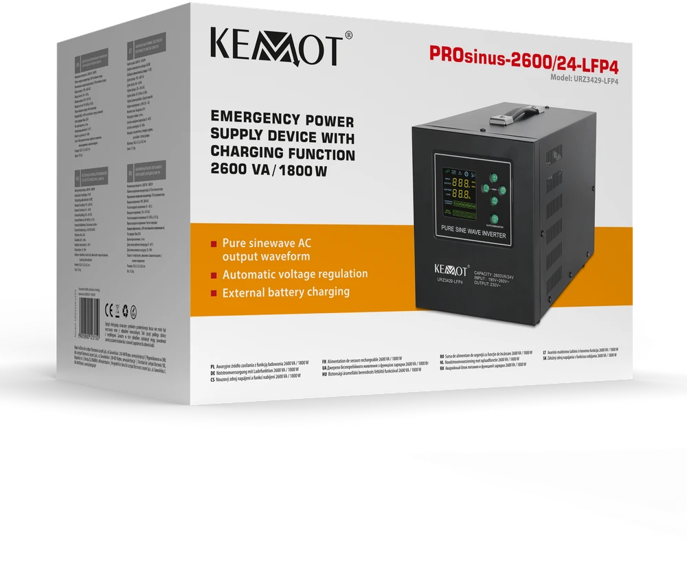 KEMOT PROsinus-2600/24-LFP4 avarinio maitinimo šaltinis, grynos sinusinės bangos keitiklis su įkrovimo funkcija 24V 230V 2600VA/1800W