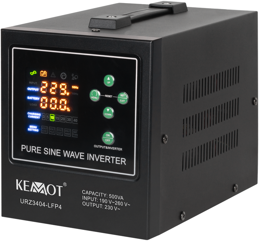 KEMOT PROsinus-500-LFP4 avarinio maitinimo keitiklis su gryna sinusine banga ir įkrovimo funkcija 12V 230V 500VA/300W