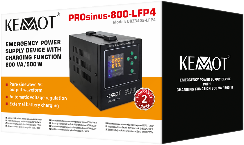 KEMOT PROsinus-800-LFP4 avarinio maitinimo keitiklis su gryna sinusine banga ir įkrovimo funkcija 12V 230V 800VA/500W