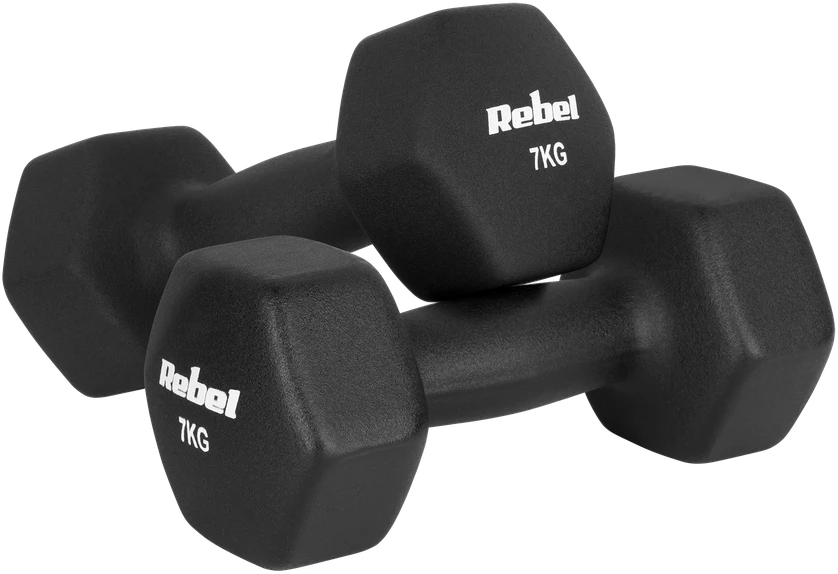 Hantelki HEX 2x7kg neopreno ketaus hanteliai, REBEL ACTIVE