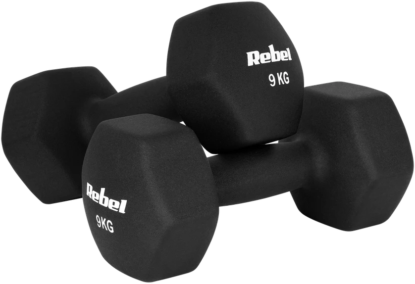 Hantelki HEX 2x9kg neopreno ketaus hanteliai, REBEL ACTIVE