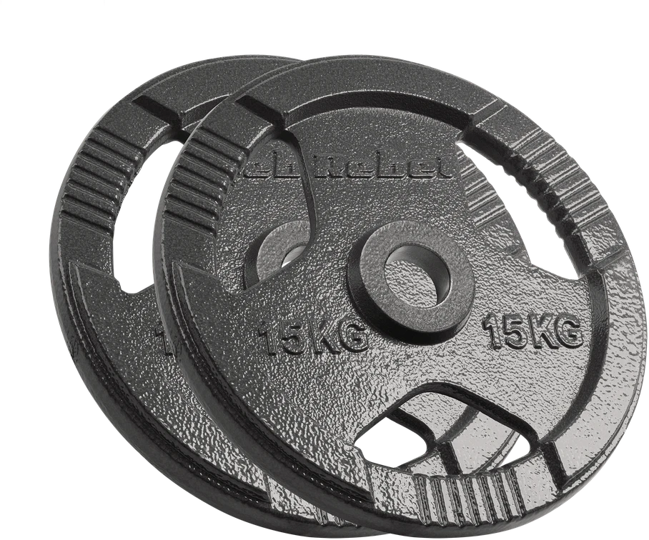 Ketaus olimpinių svarmenų rinkinys 2 x 15 kg, 51 mm skylė, plokštelė su rankenomis, REBEL ACTIVE