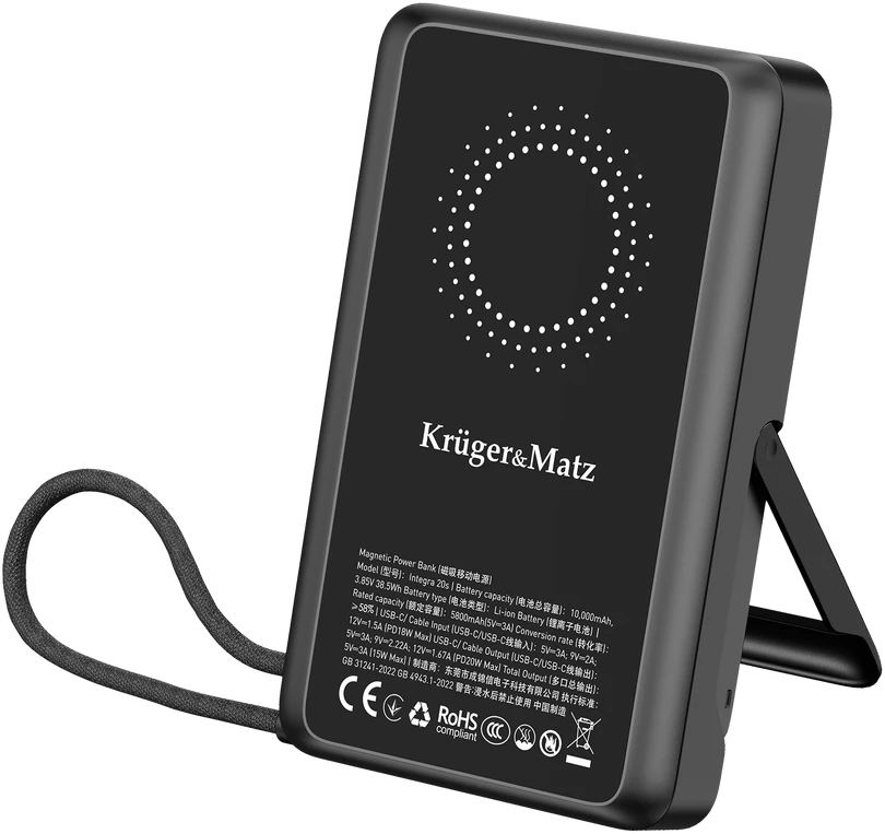 Kruger & Matz 10000 mAh ličio polimerų nešiojama baterija su QC ir PD funkcijomis, CCC sertifikatu (Azijos šalys)
