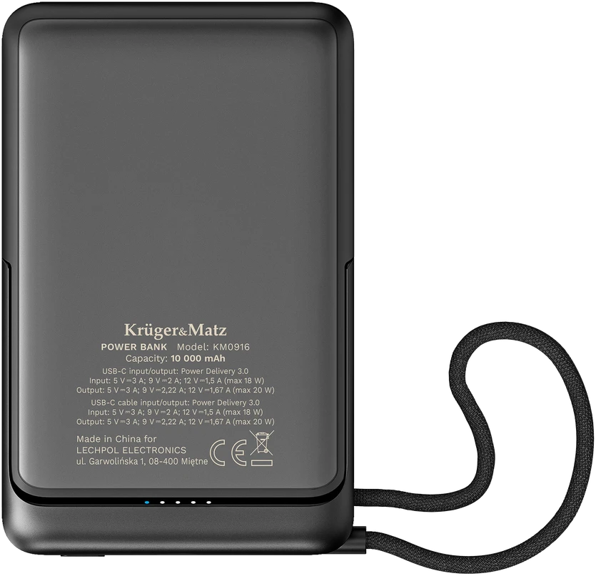 Kruger & Matz 10000 mAh ličio polimerų nešiojama baterija su QC ir PD funkcijomis, CCC sertifikatu (Azijos šalys)