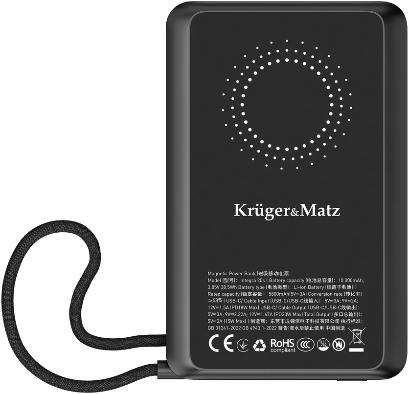 Kruger & Matz 10000 mAh ličio polimerų nešiojama baterija su QC ir PD funkcijomis, CCC sertifikatu (Azijos šalys)