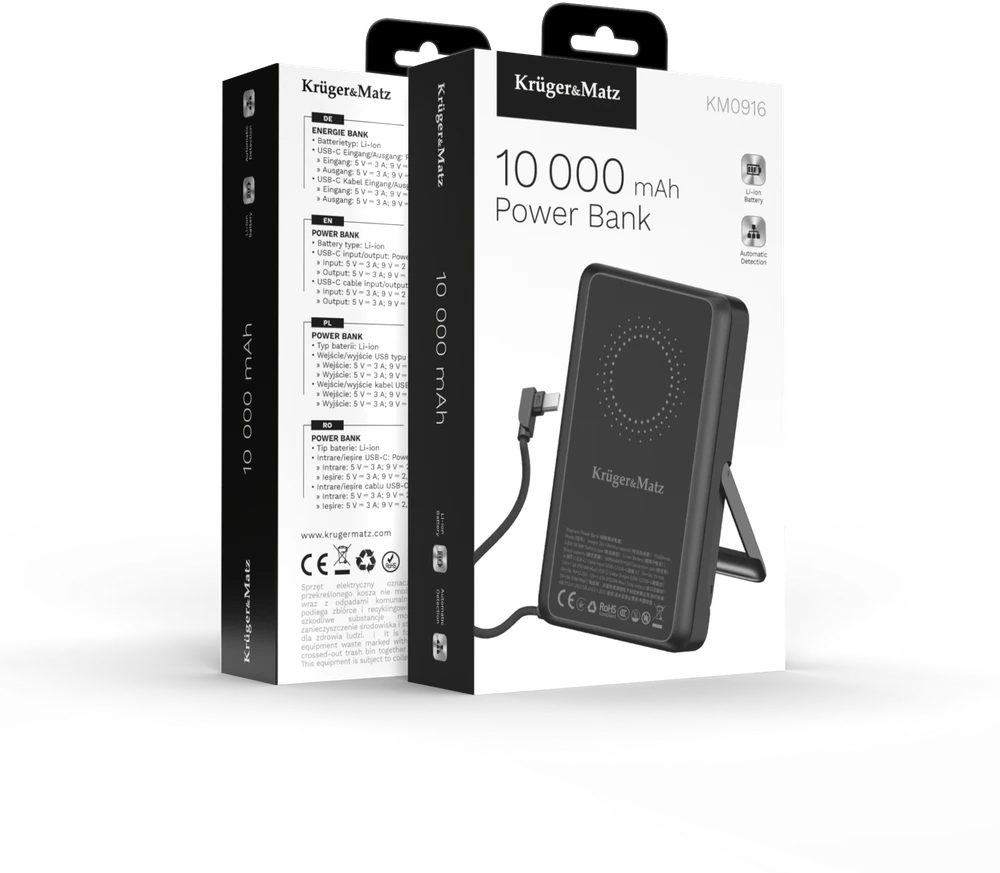 Kruger & Matz 10000 mAh ličio polimerų nešiojama baterija su QC ir PD funkcijomis, CCC sertifikatu (Azijos šalys)
