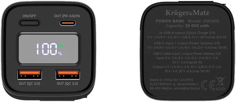 Kruger & Matz PowerBank KrugerMatz 20000 mAh ličio jonų išorinė baterija su QC ir PD funkcijomis