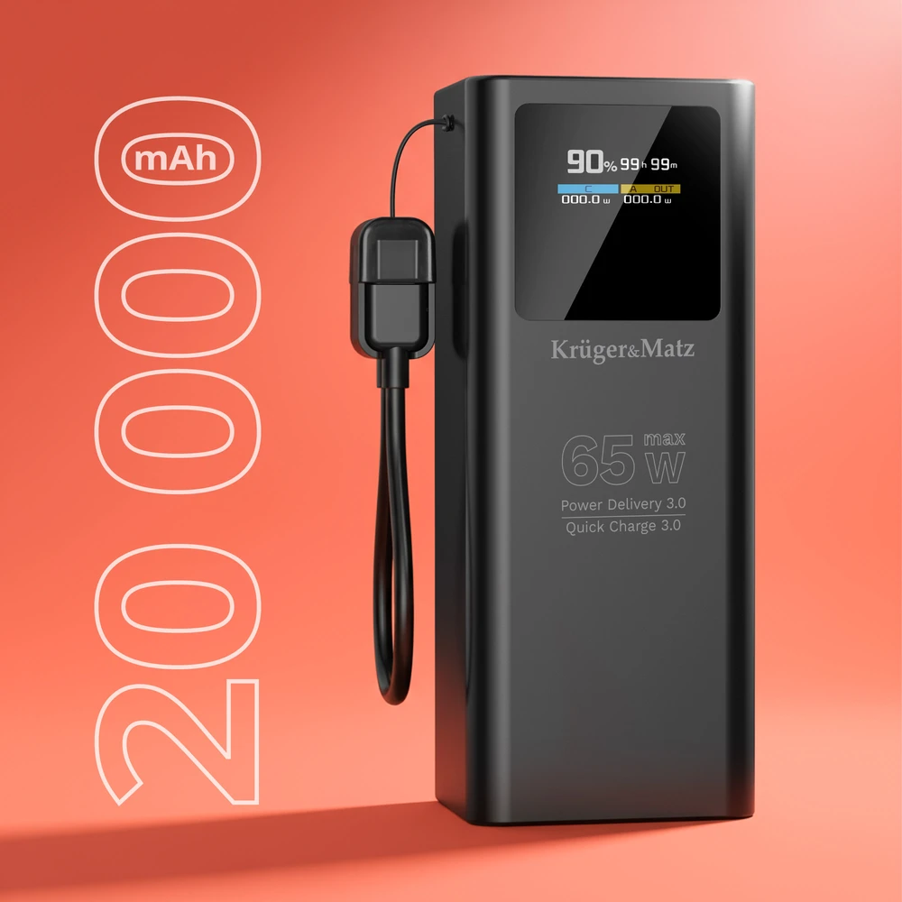 Kruger & Matz 20000 mAh ličio jonų 65 W išorinė baterija su QC ir PD
