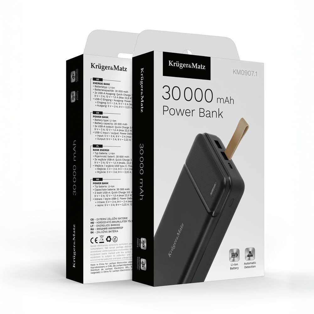 Kruger & Matz 30000 mAh ličio jonų išorinė baterija su QC ir PD funkcijomis