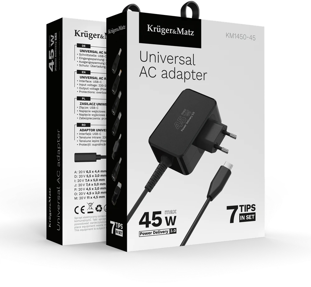 Kruger & Matz Maitinimo šaltinis KrugerMatz 45W universalus maitinimo šaltinis su „Power Delivery“ funkcija, 7 antgaliai