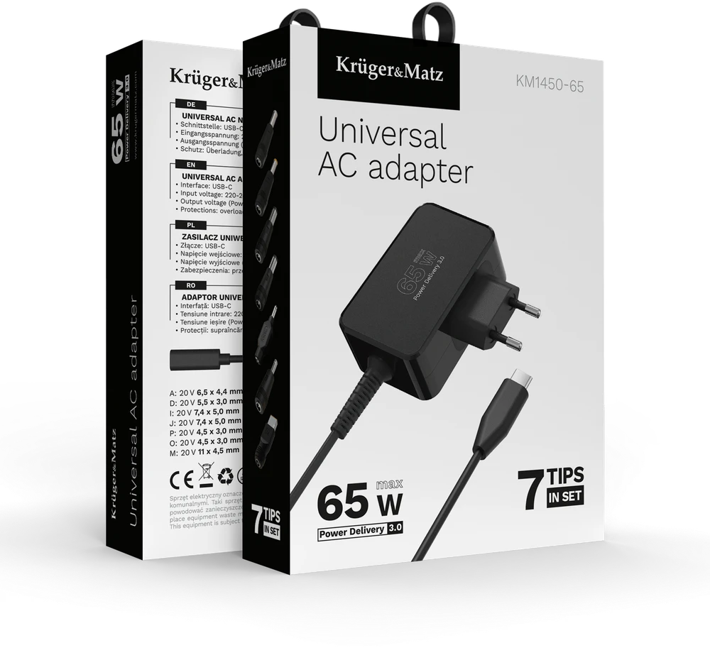 Kruger & Matz Maitinimo šaltinis KrugerMatz 65W universalus maitinimo šaltinis su „Power Delivery“ funkcija, 7 antgaliai