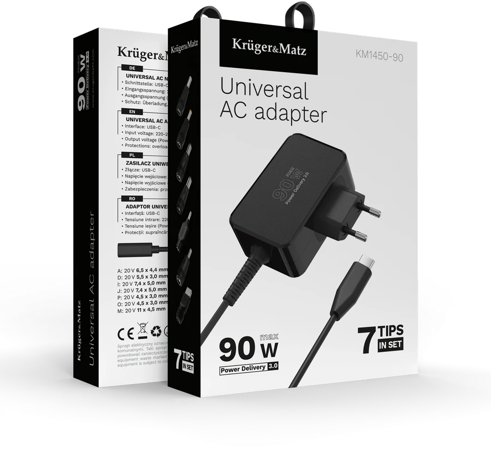 Kruger & Matz Maitinimo šaltinis KrugerMatz 90W universalus maitinimo šaltinis su „Power Delivery“ funkcija, 7 antgaliai