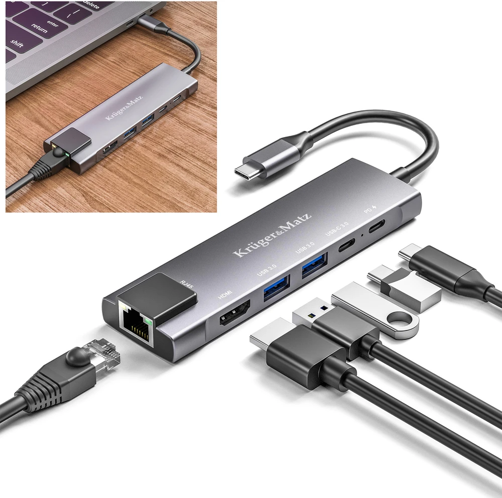Kruger & Matz Adapteris (šakotuvas) USB C tipo į HDMI / 2x USB3.0 / 2x USB C tipo / RJ45