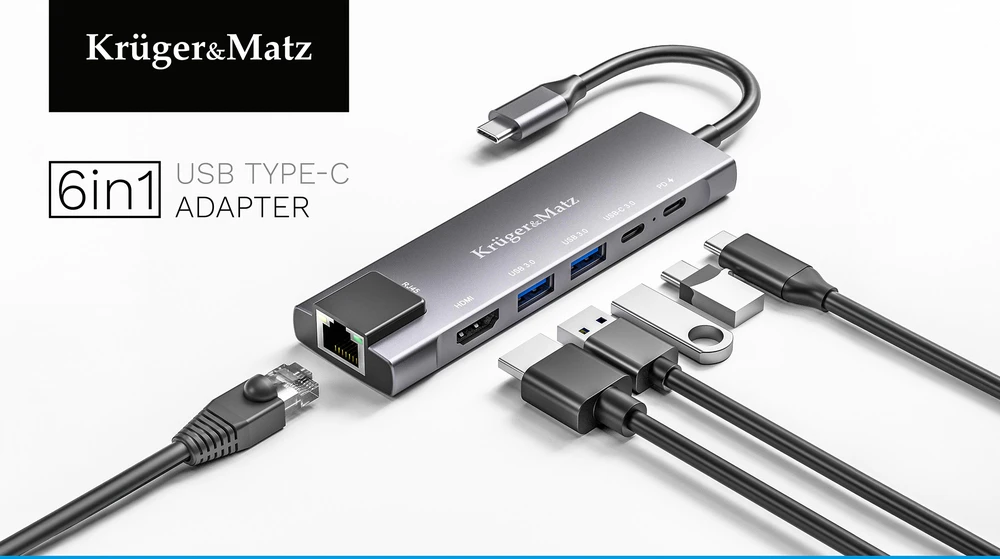 Kruger & Matz Adapteris (šakotuvas) USB C tipo į HDMI / 2x USB3.0 / 2x USB C tipo / RJ45