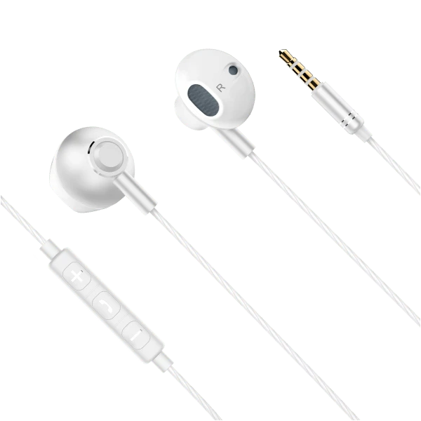 Baltos laidinės ausinės su valdymo pulteliu ir 3,5 mm jungtimi