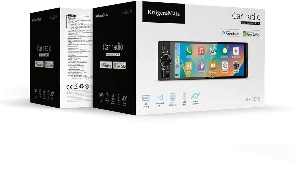 Automagnetola Kruger & Matz KM2016 1DIN CarPlay/AndroidAuto automobilio radijas