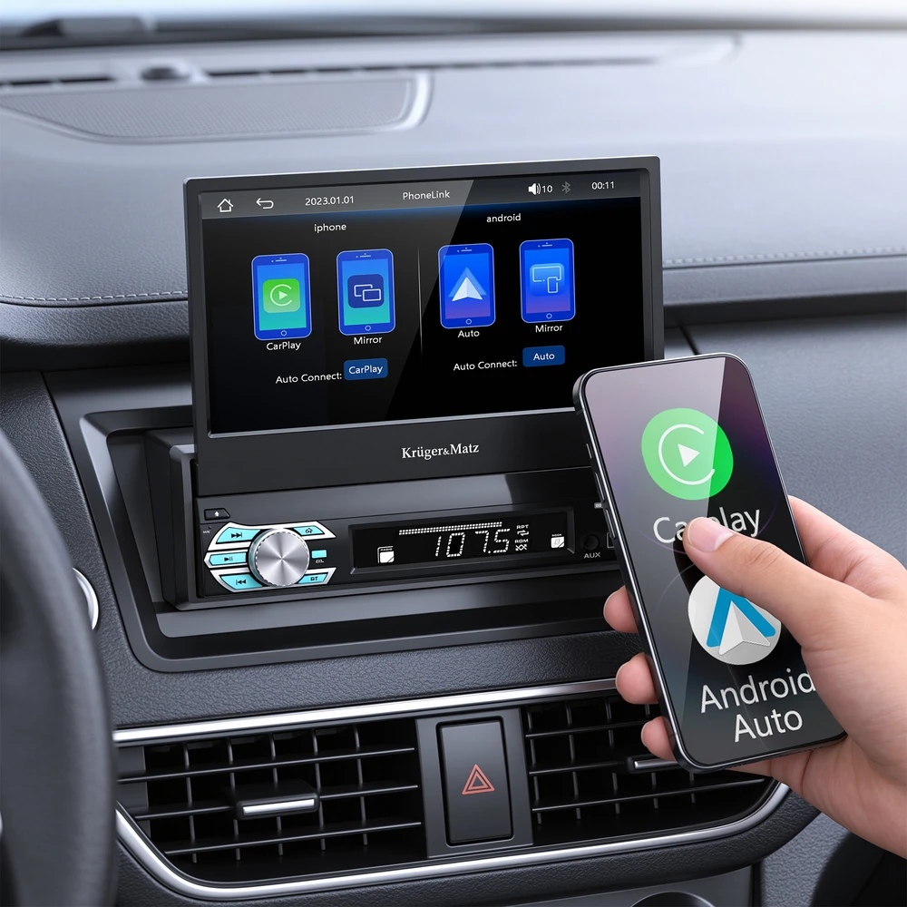 Kruger & Matz KM2018 automobilio radijas su ištraukiamu 7 colių ekranu CarPlay / AndroidAuto