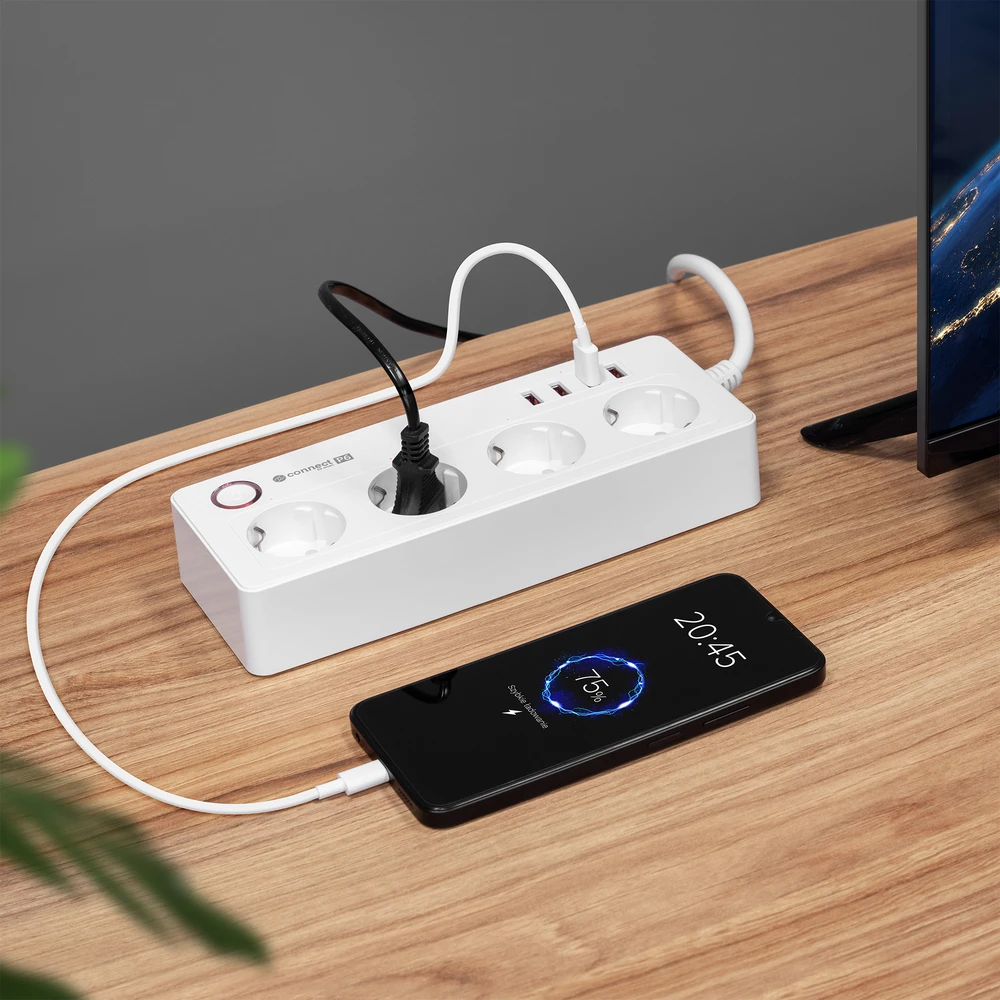 Kruger & Matz Listwa KrugerMatz maitinimo blokas, 4 vokiški lizdai ir 4xUSB 2100 mA, Connect P6 Tuya