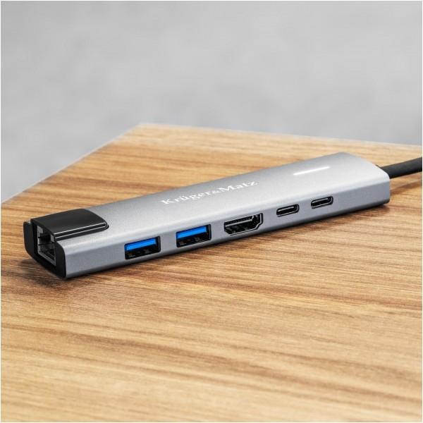 Kruger & Matz Šakotuvas HUB USB C HDMI 2x USB3.0 2x USB C RJ45