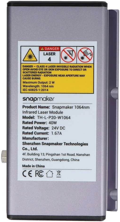 Snapmaker lazerio modulio techninių duomenų etiketė