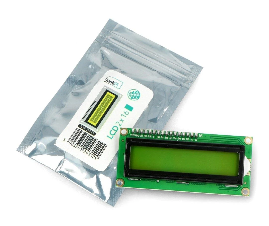 LCD ekranas 2x16 simbolių žalias su jungtimis - justPi