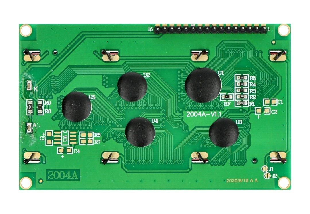 LCD 4x20 ekrano nugarėlės vaizdas su elektroniniais komponentais