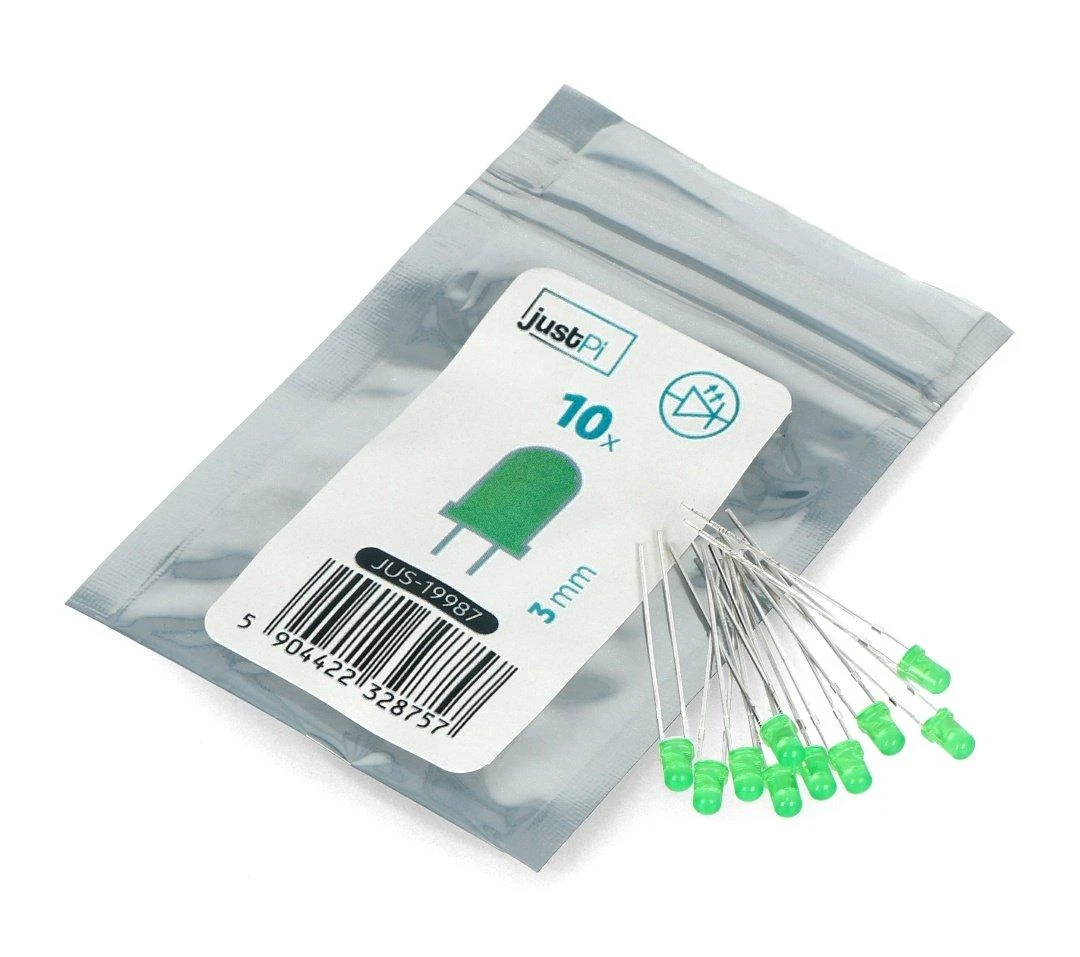 LED 3mm žalias - 10 vnt - JustPi