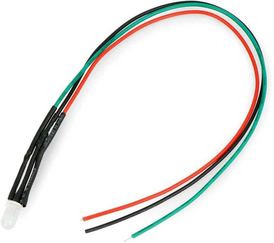 Oem LED 5mm 12V su rezistoriumi ir viela - dviejų spalvų raudona/žalia - bendras katodas - 5 vnt