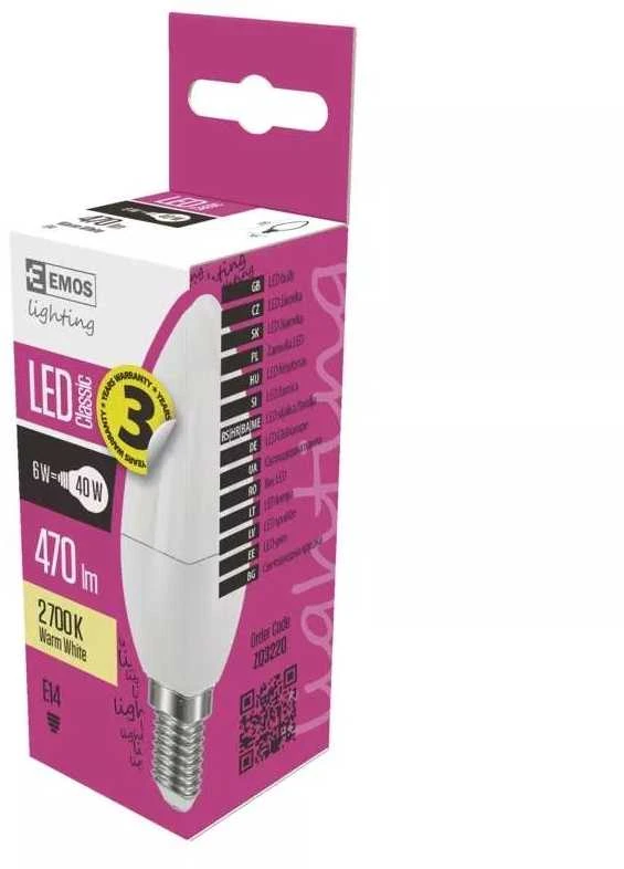 LED lemputė E14 230V 5W 470lm, žvakės formos, šiltai balta, 2700K, EMOS
