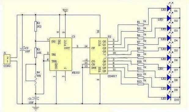 Oem LED modulis Flowing light - NE555+CD4017 - Rinkinys - LED stroboskopas - DIY