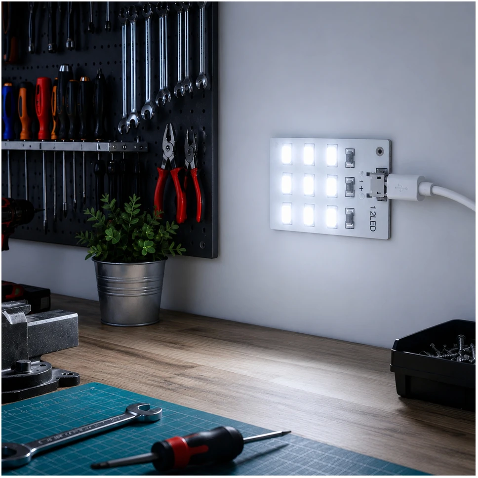 LED plokštė 5730 SMD Micro USB 12 diodų 5V šaltai balta šviesa