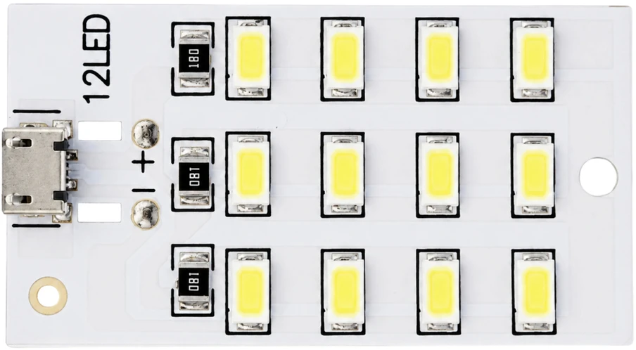 LED plokštė 5730 SMD Micro USB 12 diodų 5V šaltai balta šviesa